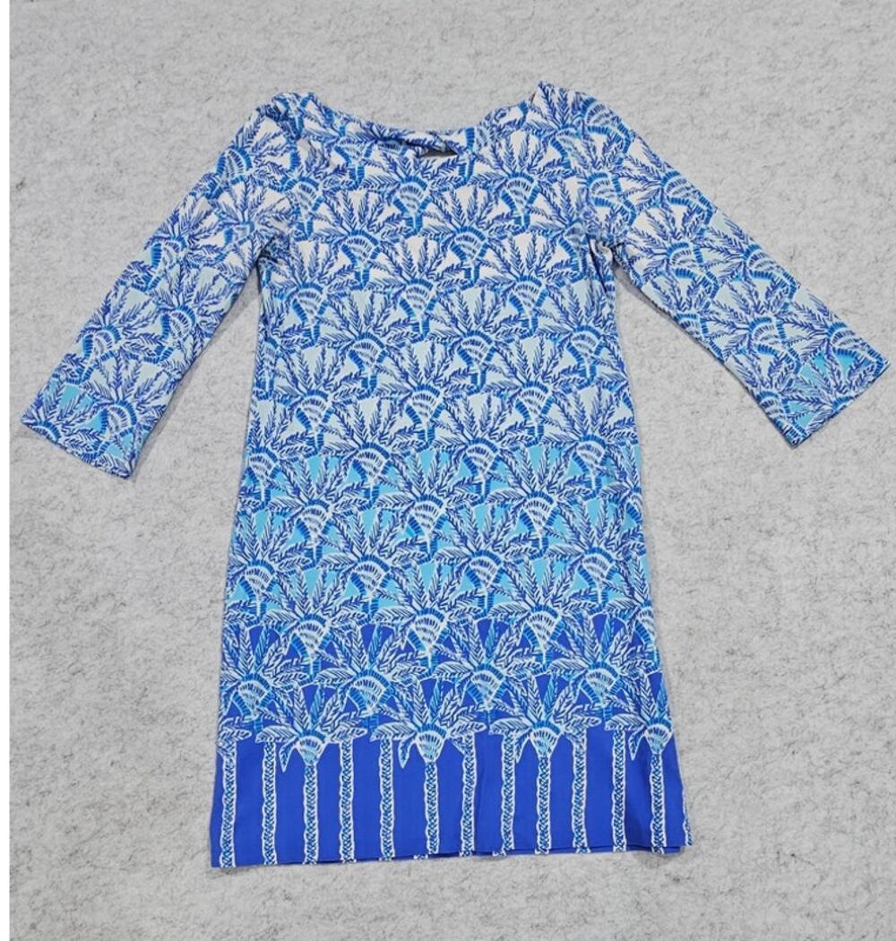 Lilly Pulitzer Bay Dress Blue Print 3/4 Sleeve Knit Mini Shift, Sz Small